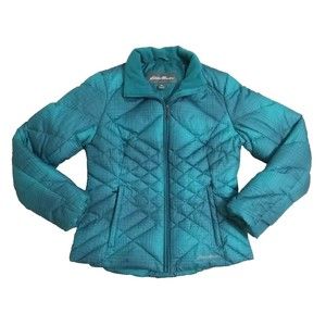 Eddie Bauer Women's Small Goose Down Jacket Green Plaid Puffer Quilted Ski Coat